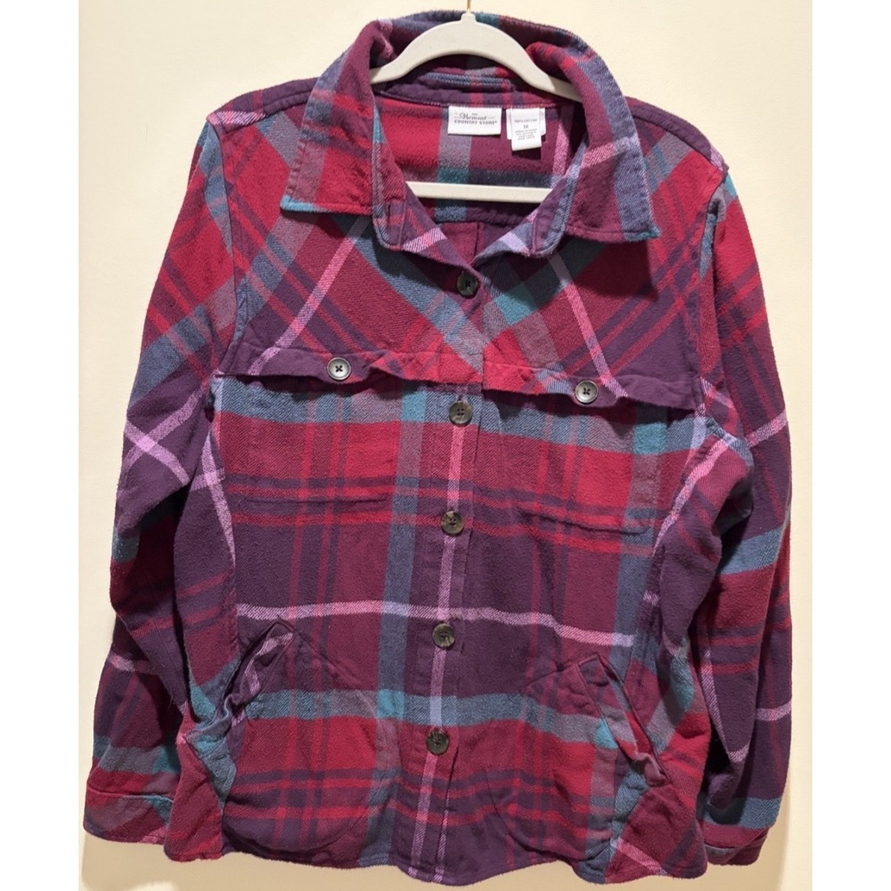 The Vermont Country Store cotton flannel plaid shirt jacket size 1x, red,purple,
